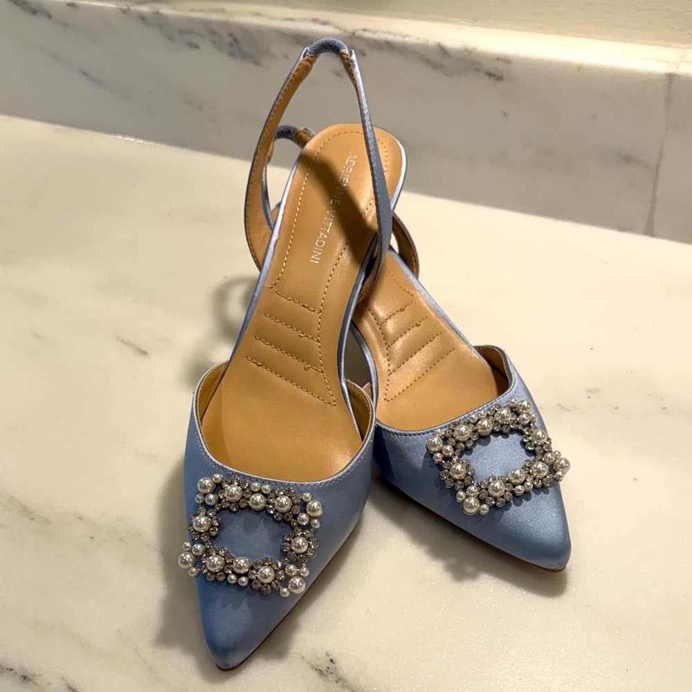 Adrienne Vittadini Light Blue Satin Heels with Embellished Buckle
